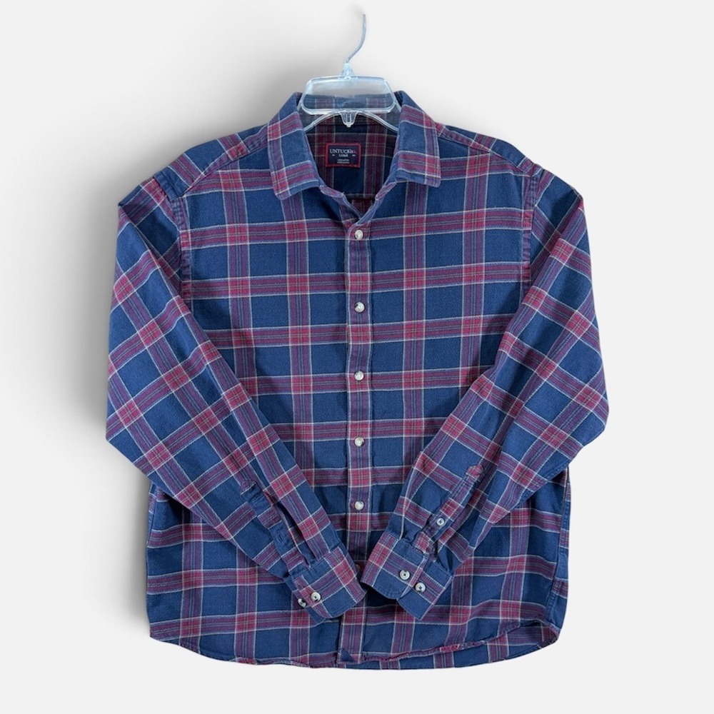 UNTUCKit Mens Large Navy Blue Burgundy Red Plaid Flannel Button Down Shirt